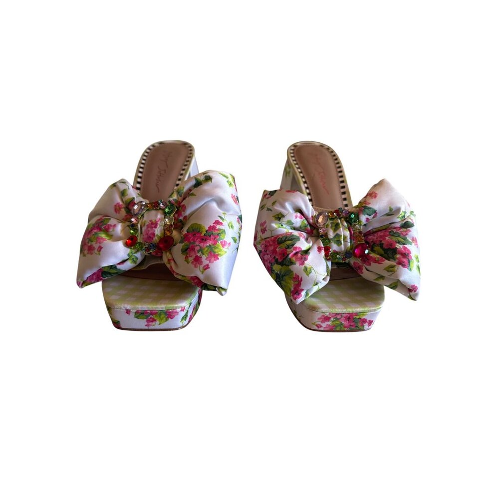 Betsey Johnson Possie Floral Satin Platform Mule Heels‎  Jewel Buckle Size 10M - Picture 2 of 7